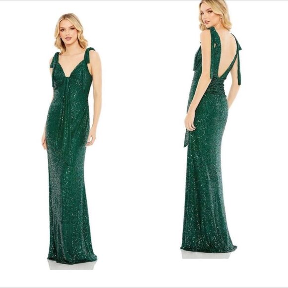Mac Duggal 26693 Green Sequin Bow Shoulder Column Gown | Size 4 - Picture 1 of 11